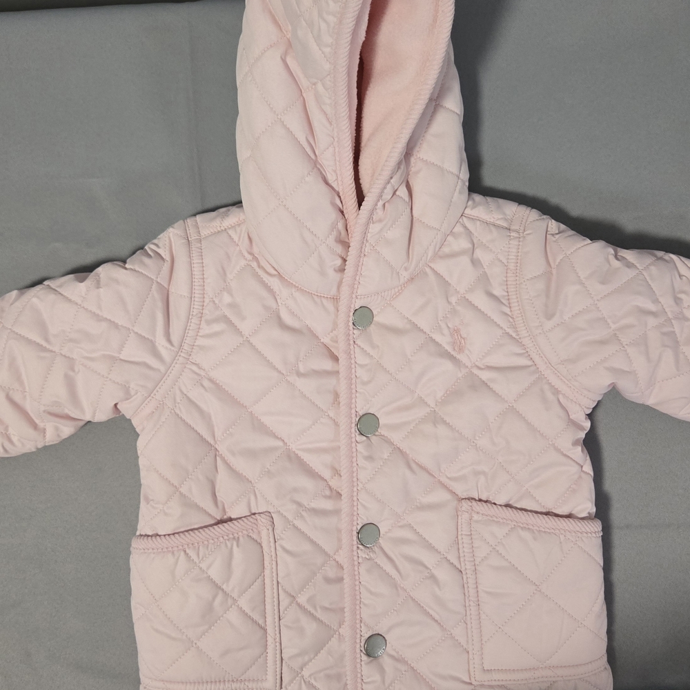 Ralph Lauren Baby Pink Quilted Hooded One-Piece Bodysuit